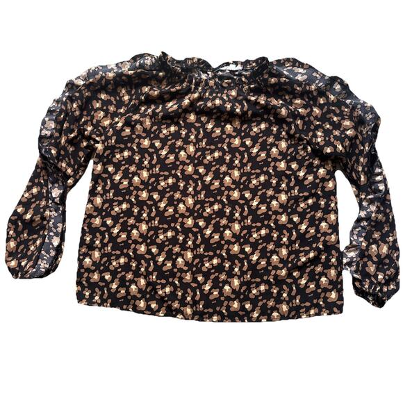 THML Black & Tan Print Cold Shoulder Ruffle Sleeve Top Large - Picture 1 of 6